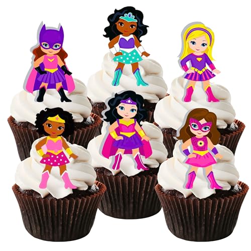 Superhero Girl Pink Superhelden Mädchen Rosa Thema #2 Edible Cupcake Toppers - Stand Up Wafer Cake Decorations (Packung mit 12) von Cian's Cupcake Toppers Ltd