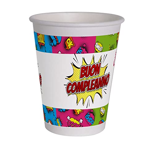 Ciao - Kompostierbare Papierbecher Geburtstag Comics (250 ml), 8 Stück, mehrfarbig, 34759 von Ciao