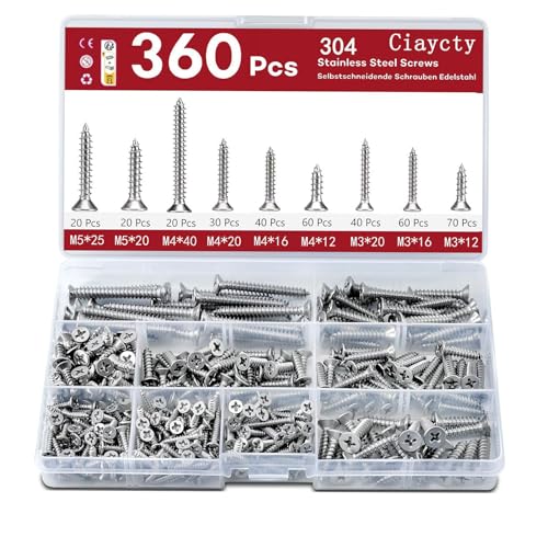 360 Stück Edelstahl Schrauben Set, M3/M4/M5 Holzschrauben Edelstahl A2 V2A, Holzschrauben Kurz, Senkkopf Schrauben Holzschraubens Sortiment, Universalschrauben Set von Ciaycty
