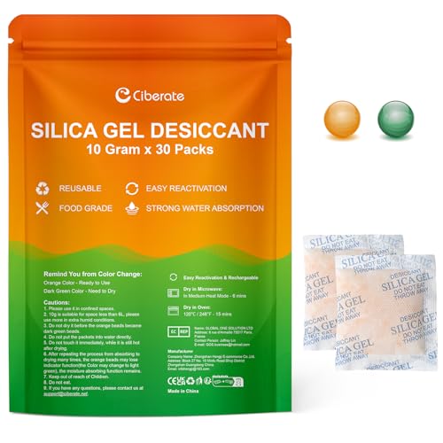 Ciberate 10g x 30 Packungen Silica Gel mit Orangenperlen Feuchtigkeitsanzeige lebensmittelechtem Kieselgel Trockenmittel Beutel Silicagel Feuchtigkeitsabsorber zur Entfernung von Feuchtigkeit von Ciberate