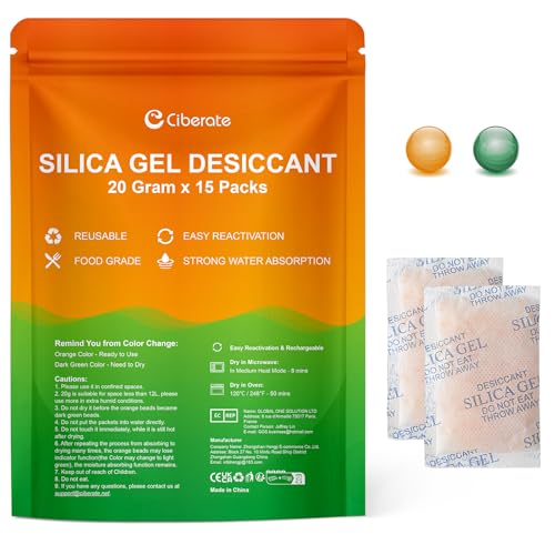 Ciberate 20g x 15 Packungen Silica Gel mit Orangenperlen Feuchtigkeitsanzeige lebensmittelechtem Kieselgel Trockenmittel Beutel Silicagel Feuchtigkeitsabsorber zur Entfernung von Feuchtigkeit von Ciberate