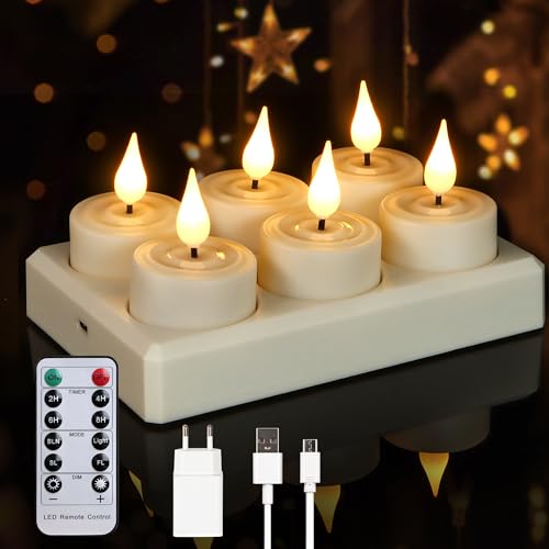 Cibnew 6 Stück Wiederaufladbare Teelichter Flackernd mit Fernbedienung & Timerfunktion,LED Kerzen mit Ladestation und USB-Kabel für Halloween Party Deko (6 Stück mit Ladestation) von Cibnew