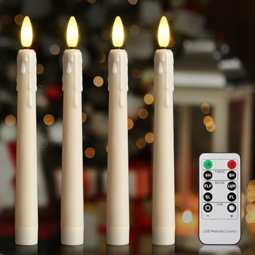 Cibnew Flammenlose LED-Kerzen mit Timerfunktion und Fernbedienung tropfendem Wachs Spitzkerzen 3D-licht Fensterkerzen für Chirstams Halloween Deko (4 Stück Beige) von Cibnew