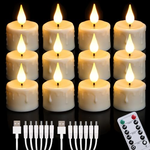 Cibnew Wiederaufladbare Teelichter mit Fernbedienung & Timerfunktion Flackernde Flamme LED Kerzen mit 2 Stück USB-Kabel für Party Zimmer Halloween Weihnachtsdekoration (12 Stück Beige) von Cibnew
