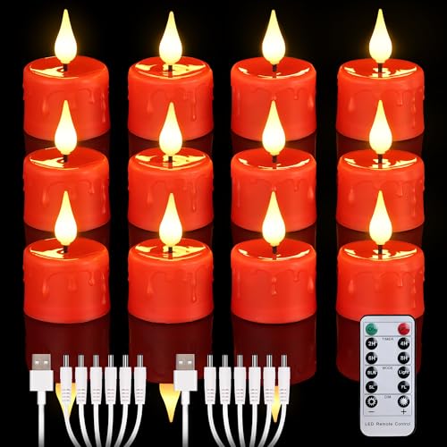 Cibnew Wiederaufladbare Teelichter mit Fernbedienung & Timerfunktion Flackernde Flamme LED Kerzen mit 2 Stück USB-Kabel für Party Zimmer Halloween Weihnachtsdekoration (12 Stück Rot) von Cibnew