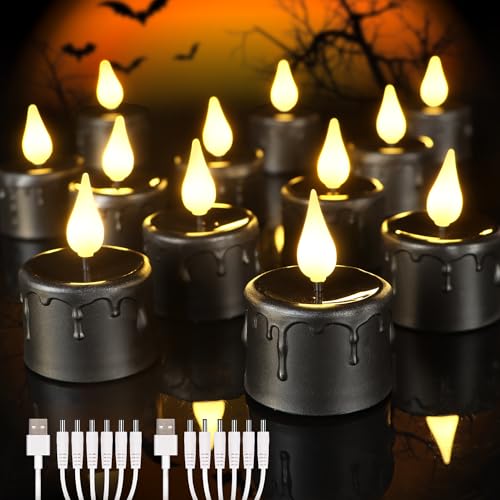 Cibnew Wiederaufladbare Teelichter Flackernde Flamme LED Kerzen mit 2 Stück USB-Kabel für Party Zimmer Halloween Weihnachtsdekoration (12 Stück Schwarz) von Cibnew