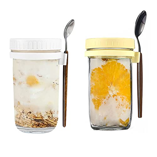 Cicano 2 Stück Haferbehälter mit Deckel und Löffel, 600 ml Glas-Einmachgläser für Milch, Müsli, Obst, Weiß, Gelb von Cicano