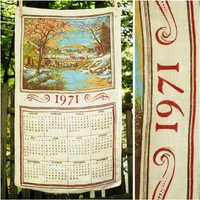 Vintage 1971 Kalender Handtuch/Brücke Über Bach Mit Kühen & Scheune Herbstszene Geburtstagsgeschenk Einzugsgeschenk von CicelysCloset