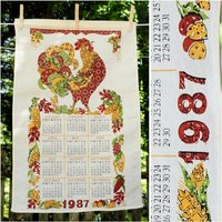 Vintage 1987/Herbst Großer Calico Hahn Kalender Geschirrtuch Blätter & Mais von CicelysCloset