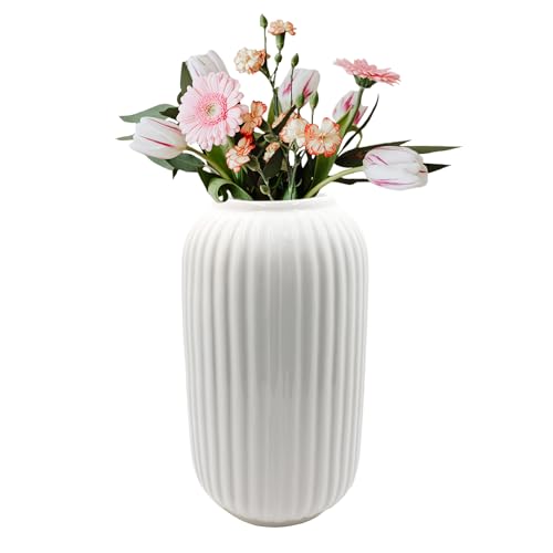 Gerippte Vase Weiß 21cm Hoch, Vase für Pampasgras, Moderne Blumenvasen aus Keramik für Frische Blumen Trockenblumen, Boho Vasen für Home Wohnzimmer Esstisch Büro Dekor von CiciIng