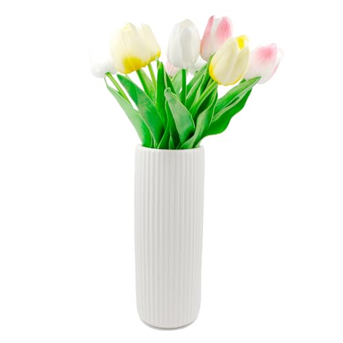 Keramik Vase, 20cm Hoch Glasur Gerippt Modern, Dekorative für Pampasgras Deko, Boho für Home Wohnzimmer Esstisch Büro Dekor (Weiß) von CiciIng