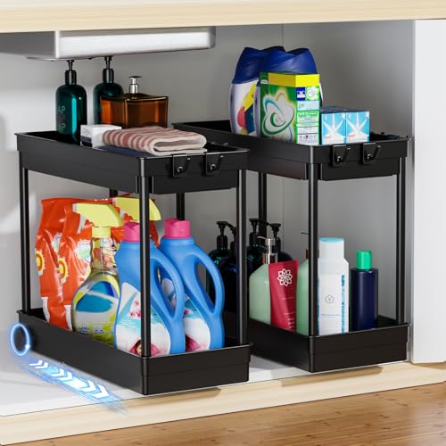 Cicilyna Spülschrank, Küchenschrank Organizer mit Edelstahlrohr, 2 St. Unter Waschbecken Regal, Unterschrank mit 4 Haken, Schrankkörbe für Küche, Bad - Schwarz von Cicilyna