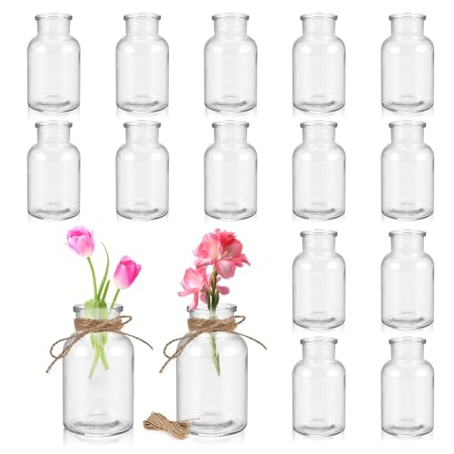 Cieex 16 Stück Kleine Glasvasen Set, 125ml kleine Väschen mit 20m Juteschnur, Mini Glasvasen Deko Vasen Set für Tischdeko Hochzeit, Mittelstücke, Hochzeitsdekorationenv von Cieex