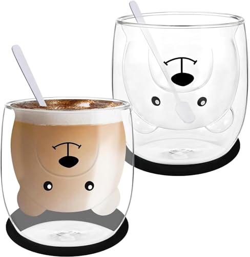 Cieex Latte Macchiato Gläser 2er Set, 250ml Doppelwandige Gläser Bär Tassen, Bärenbecher, Bärentee mit Untersetzer ＆ LöffelBecher Geschenk für Geburtstag Weihnachten das Erntedankfest von Cieex