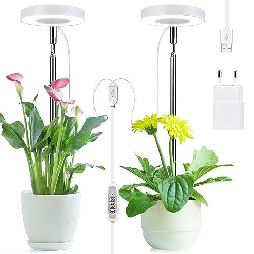 Cieex Pflanzenlampe LED, Pflanzenlicht für Zimmerpflanzen, 2 LEDs Pflanzenleuchte Wachsen licht Vollspektrum mit Zeitschaltuhr 2/4/8 Std mit USB Adapter und 4 Helligkeit von Cieex