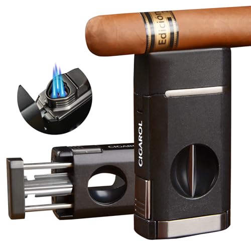 CIGAROL Sturmfeuerzeug, Feuerzeug mit Zigarrenschneider V, 3 Jet Flamme Zigarrenfeuerzeug, Geschenke für Männer - Enthält kein Gas (Dunkel Schwarz) von Cigarol