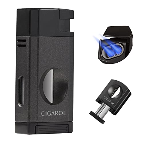 CIGAROL Feuerzeug, 2 in 1 Sturmfeuerzeug, 2 Jet Flamme Zigarrenfeuerzeug mit Zigarrenschneider V - Enthält kein Gas, Tolle Geschenke für Männer (Schwarz) von Cigarol