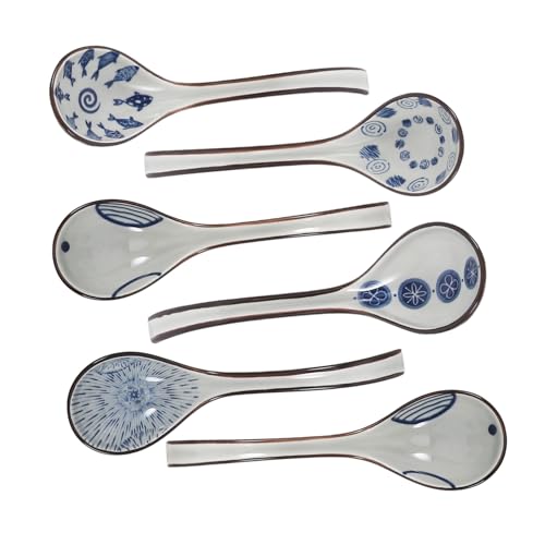 Ciieeo 6 Stück Teiliges Keramik suppenset mit Langen Griffen Asiatische Porzellan löffel Stilvolle Tischlöffel mit Elegantem Muster für Suppe Soße und Alltag von Ciieeo