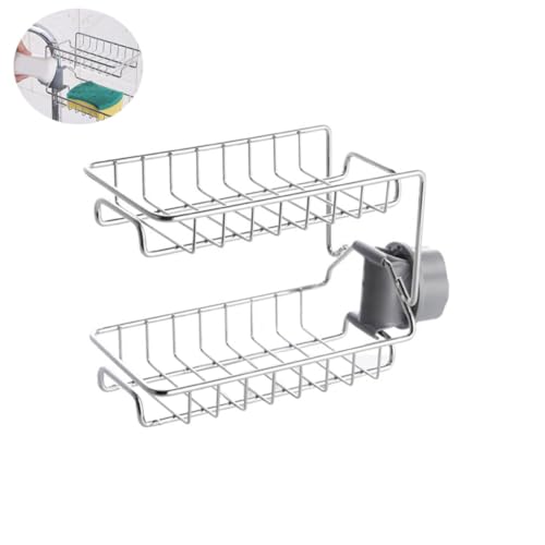 Ciieeo Edelstahl Wasserhahn Regal Doppelstöckiger Spüle Organizer mit Schwammhalter Rostfrei Kratzfest für Küchenspüle ohne Bohren Einfache Montage von Ciieeo