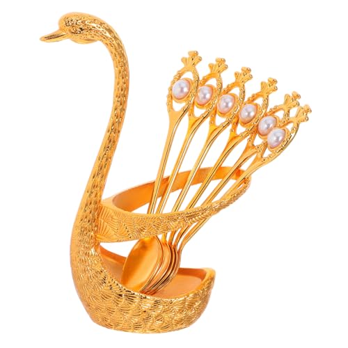 Ciieeo Goldenes Dessertlöffel Set mit Schwanenhalter Perlverzierte Espressolöffel für Küche und Party Elegante Küchenutensilien für Kuchen Eis und Kaffee von Ciieeo
