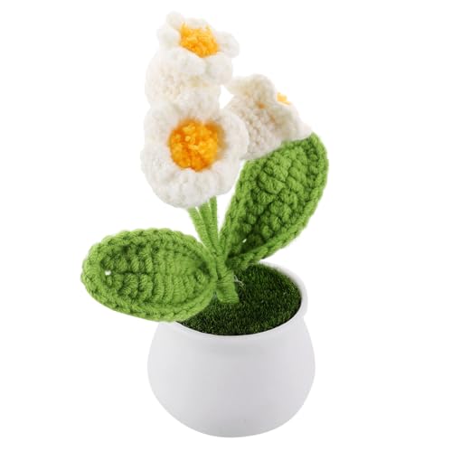 Ciieeo Handgefertigte Gehäkelte Künstliche Glockenblumen Topfpflanze Weiß Dekorative Tisch und Autodeko Langlebige Wollblume für Büro Wohnzimmer Armaturenbrett und Zuhause von Ciieeo