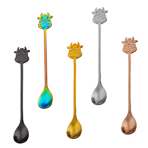Ciieeo Kreative Edelstahl-Löffel mit Kuhgriff, Mehrzweck-Löffel für Dessert und Kaffee, mit Griffen, tragbare Küchenutensilien für Café und Zuhause, 5 Stück von Ciieeo
