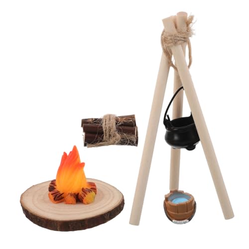 Ciieeo Miniatur Feuerstelle mit Realistischem Flammeneffekt Kleines Campfire Ornament mit Handgefertigtem Hängekessel Detailreiches Modellfeuer für Puppenhaus Tischdeko und Outdoor Szenen von Ciieeo