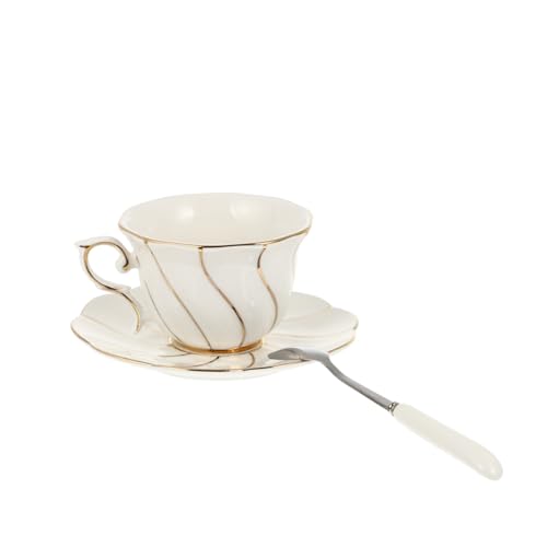 Ciieeo Porzellan Kaffee Teetassen Set mit Untertasse und Löffel Feines Knochenporzellan Weißes Vintage Design Hitzebeständig Spülmaschinengeeignet Stilvoll für Kaffee Tee und von Ciieeo