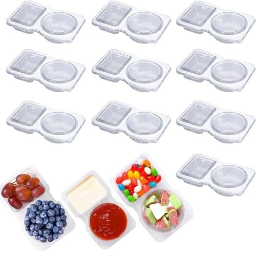 Wiederverwendbarer Snackbehälter, tragbare Doppelfach-Snacktöpfe mit Deckel, Snack-Pack-Behälter, 2 Fächer, verdickte Soßen-Gewürze und Dip-Behälter für Picknick und Reisen von Cikiki
