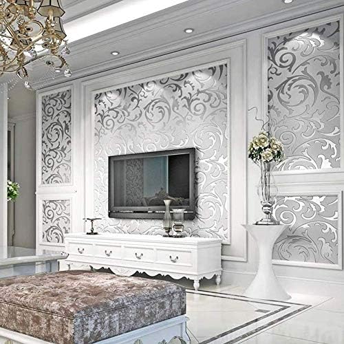 Cikonielf Moderne minimalistische Vliestapete 3D mit Barock Muster Tapetenrolle für Wohnzimmer Schlafzimmer, 9.5 m x 0,53 m, Silber von Cikonielf