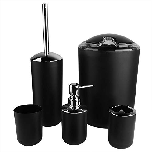 Zoternen Badezimmer-Set, 6 Teile/Set, bestehend aus Zahnbürstenhalter, Spülbecher, Seifenspender, Seifenschale, Toilettenbürstenhalter und Mülleimer (Weiß/Schwarz/Grau) (Nero) von Cikonielf