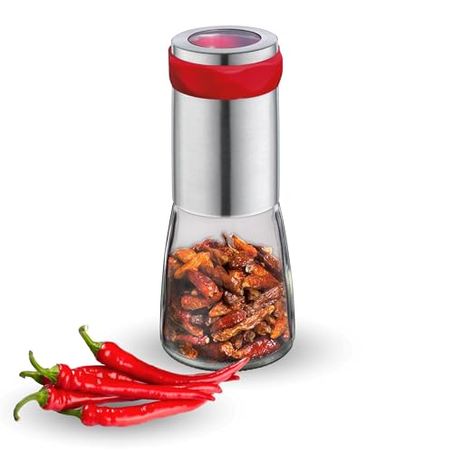 Cilio Chili Mühle PICCANTE | zum Selbstbefüllen | Ø 6,5cm, H: 14,5cm | mit Verschlusskappe | inkl. beschreibbaren Aufklebern | für gleichmäßig feine Chilli Flocken von Cilio