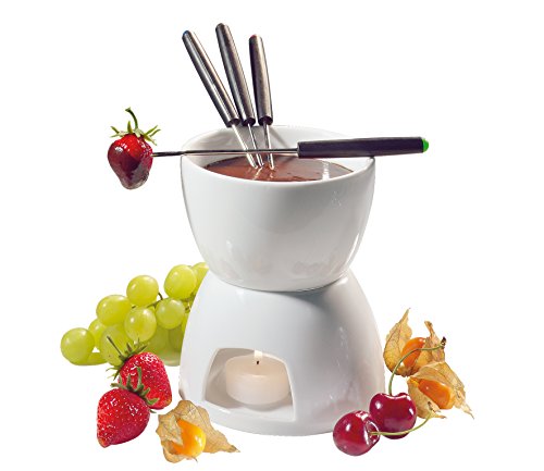 Cilio Schokoladenfondue 6-tlg. , Schokoladen-Fondue-Set aus feuerfestem Hartporzellan , ø 12 cm , Inkl. Fonduetopf, Rechaud, 4 Fonduegabeln und 1 Teelicht , zum Eintauchen von Obst, Weiß von Cilio