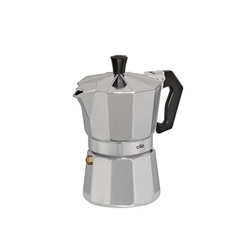 cilio Espressokocher Classico für 3 Tassen | Höhe: 16 cm | Ø: 8,5 cm | Aluminium-Gehäuse | Silber | Espresso Kocher mit Planboden | für Reisen oder Camping | Camping Kaffeekocher von Cilio
