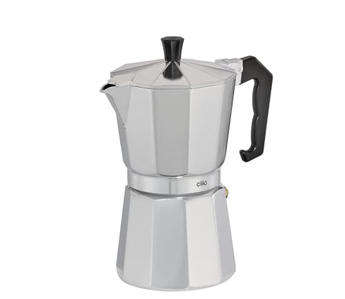 cilio Espressokocher Classico für 6 Tassen | Höhe: 20 cm | Ø: 9 cm | Aluminium-Gehäuse | Silber | Espresso Kocher mit Planboden | für Reisen oder Camping | Camping Kaffeekocher von Cilio