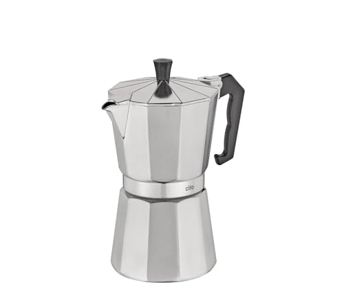 cilio Espressokocher Classico für 6 Tassen | Induktion geeignet| Höhe: 20 cm Ø 8,5 cm | Aluminium-Gehäuse | Silber | mit Planboden | Induktion Espressokocher | für Reisen oder Camping von Cilio