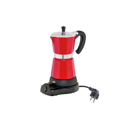 cilio Espressokocher CLASSICO für 6 Tassen / elektrisch 480W / Ø 11,5 cm Höhe: 25 cm / Aluminium / Rot / integrierte Herdplatte / mit Warmhaltefunktion und Reduziersieb / für Reisen oder Camping von Cilio