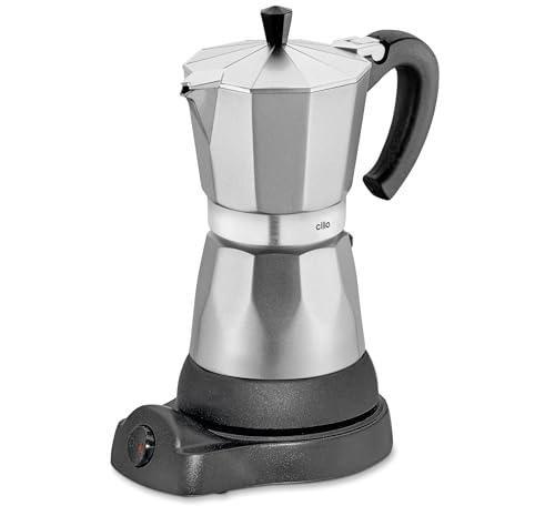 cilio Espressokocher CLASSICO für 6 Tassen / elektrisch 480W / Ø 11,5 cm Höhe: 25 cm / Aluminium / Silber / integrierte Herdplatte / mit Warmhaltefunktion und Reduziersieb / für Reisen oder Camping von Cilio