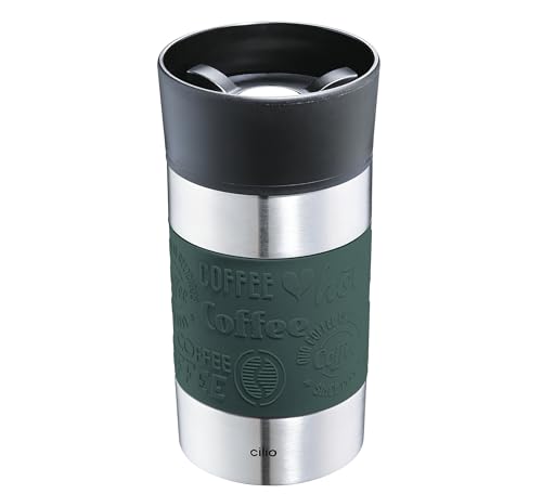 cilio Isoliertrinkbecher VIAGGIO | Edelstahl Thermobecher to go | Deckel aus Kunststoff | 360° Trinkverschluss | Doppelwandsystem | Bruch- und auslaufsicher | 300 ml, Höhe: 15,5 cm | Dunkelgrün von Cilio