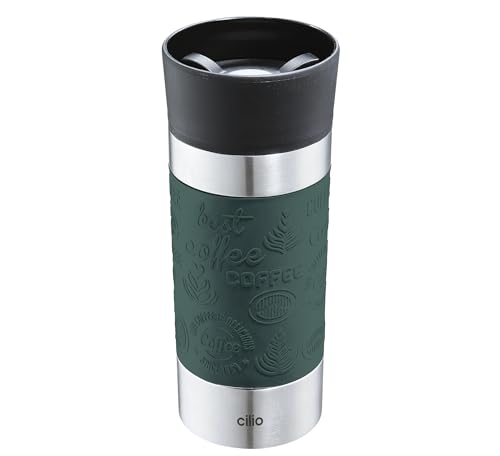 cilio Isoliertrinkbecher VIAGGIO | Edelstahl Thermobecher to go | Deckel aus Kunststoff | 360° Trinkverschluss | Doppelwandsystem | Bruch- und auslaufsicher | 360 ml, Höhe: 19 cm | Dunkelgrün von Cilio
