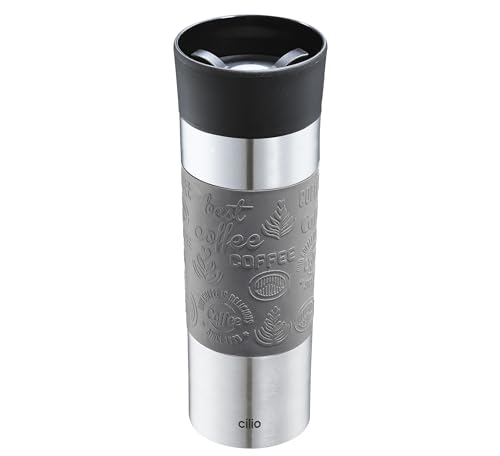 cilio Isoliertrinkbecher VIAGGIO | Edelstahl Thermobecher to go | Deckel aus Kunststoff | 360° Trinkverschluss | Doppelwandsystem | Bruch- und auslaufsicher | 500 ml, Höhe: 22,5 cm | Grau von Cilio