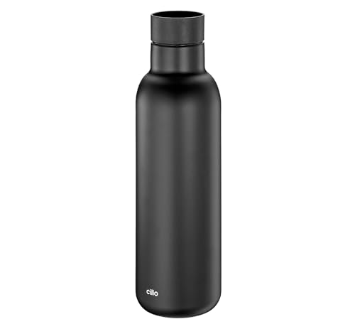 cilio Isoliertrinkflasche DELUXE | Edelstahl Thermoflasche | 360° Trinkverschluss | Doppelwandsystem | Bruch- und auslaufsicher | 18 h heiß und 24 h kalt | 450 ml, Höhe: 23 cm | Schwarz von Cilio