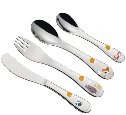 cilio Kinderbesteck FOREST | 4-teilig | Rostfreier Edelstahl | Ergonomische Form | Kindermesser 21 cm, Kindergabel 21 cm, Kinderlöffel 20 cm, kleiner Löffel 17 cm | Tiermotive eingraviert von Cilio