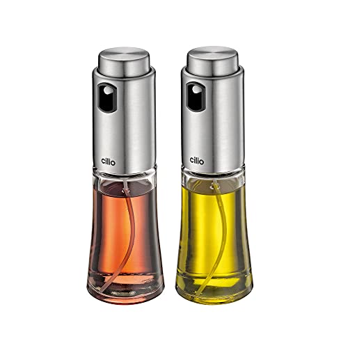 cilio Menage Set BARI | 4er-Set im Ständer | Salz- und Pfeffermühle | Essig und Ölflaschen Set | je 80ml | mit Pumpspender | aus Glas und Edelstahl von Cilio