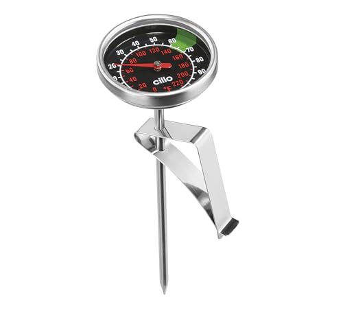 cilio Milchthermometer | Edelstahl rostfrei | Temperaturmessgerät für Flüssigkeiten | Für perfekten Milchschaum | Verstellbarer Clip | Markierungen bei 60 °C - 70 °C | Skala bis 100 °C von Cilio