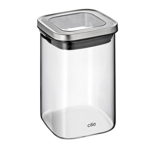 cilio Vorratsdose CUBO, dichtschließender Deckel, Aufbewahrungsdose für Mehl, Zucker und trockene Lebensmitteln, luftdichte Box, Borosilikatglas, rostfreier Edelstahl, Höhe: 14,5 cm, Inhalt: 1 l cilio Vorratsdose CUBO, dichtschließender Deckel, Aufbewahrungsdose für Mehl, Zucker und trockene Lebensmitteln, luftdichte Box, Borosilikatglas, rostfreier Edelstahl, Höhe: 14,5 cm, Inhalt: 1 l von Cilio