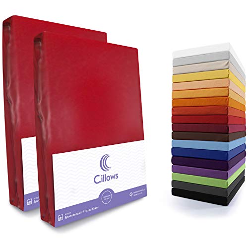 Cillows 2er Pack Jersey Spannbettlaken, Spannbetttuch 100% Baumwolle in vielen Größen und Farben MARKENQUALITÄT ÖKOTEX Standard 100 | 90x200-100x220 cm - Farbe: Rot 190 g/m2 Qualität von Cillows