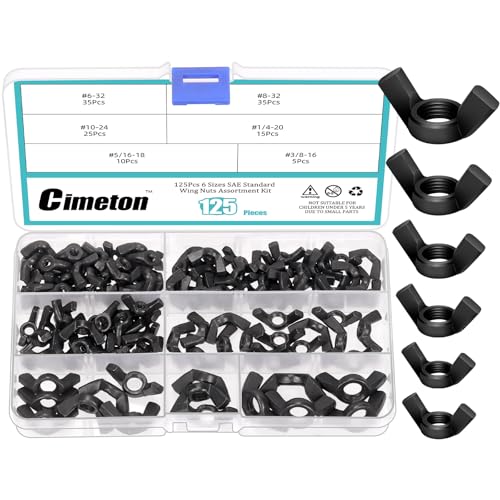 Cimeton 125PCS Flügelmuttern Sortiment Kits 3/8„ 5/16“ 1/4“ #6#8#10 Carbon Steel Black Butterfly Nut Wing Nuts Fasteners Wingnuts Hand Twist Tighten Ear for Home Building Industry von Cimeton
