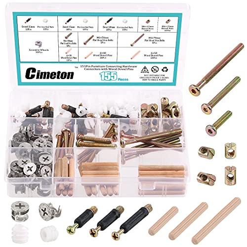 Cimeton 95-teiliges Möbelverbinder-Sortiment Schrauben Sortiment mit Nockenbeschlag Holzdübelstiften und voreingesetzter Mutter und Möbelkrippenschrauben von Cimeton
