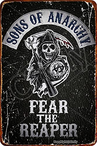 Cimily Sons of Anarchy Fear The Reaper Zinn Retro Zeichen Vintage Poster Plakette Wanddekoration für Bar Cafe Garten Schlafzimmer Büro Hotel 20X30 cm von Cimily